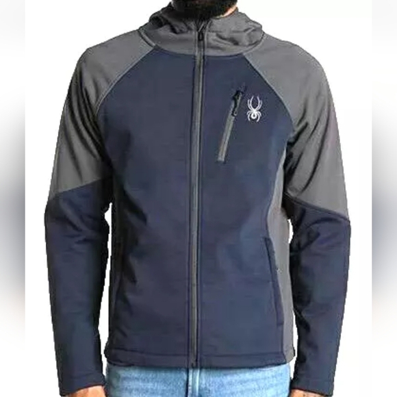 Spyder Men's Small Soft Shell Jacket Full Zip Hooded Navy Blue Gray Zip Pockets - Picture 1 of 11
